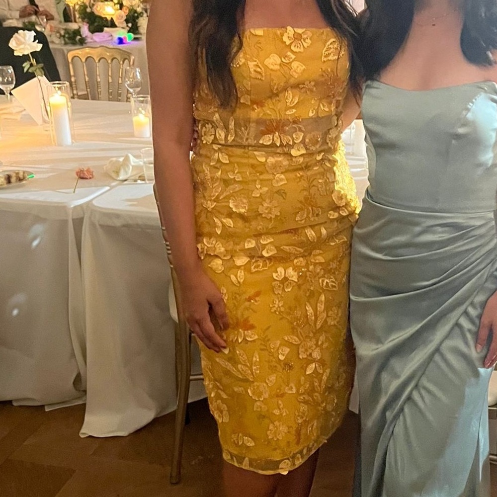 Dress the population yellow midi dress